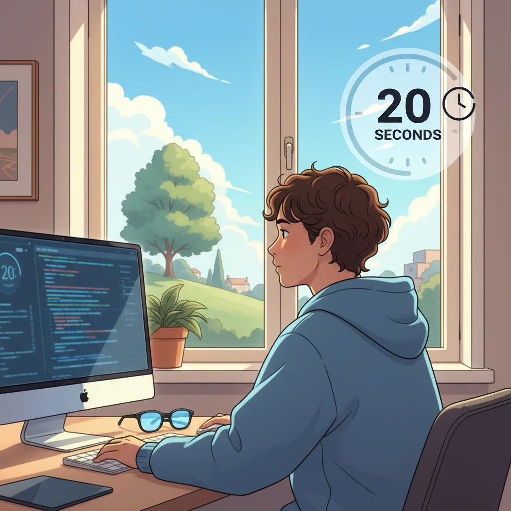 Illustration of a person practicing the 20-20-20 rule, looking away from screen.