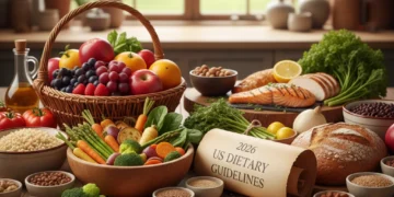 Colorful arrangement of fresh fruits, vegetables, whole grains, and lean proteins representing healthy eating and the 2026 US Dietary Guidelines.