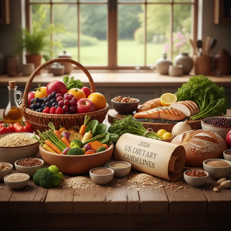 Colorful arrangement of fresh fruits, vegetables, whole grains, and lean proteins representing healthy eating and the 2026 US Dietary Guidelines.