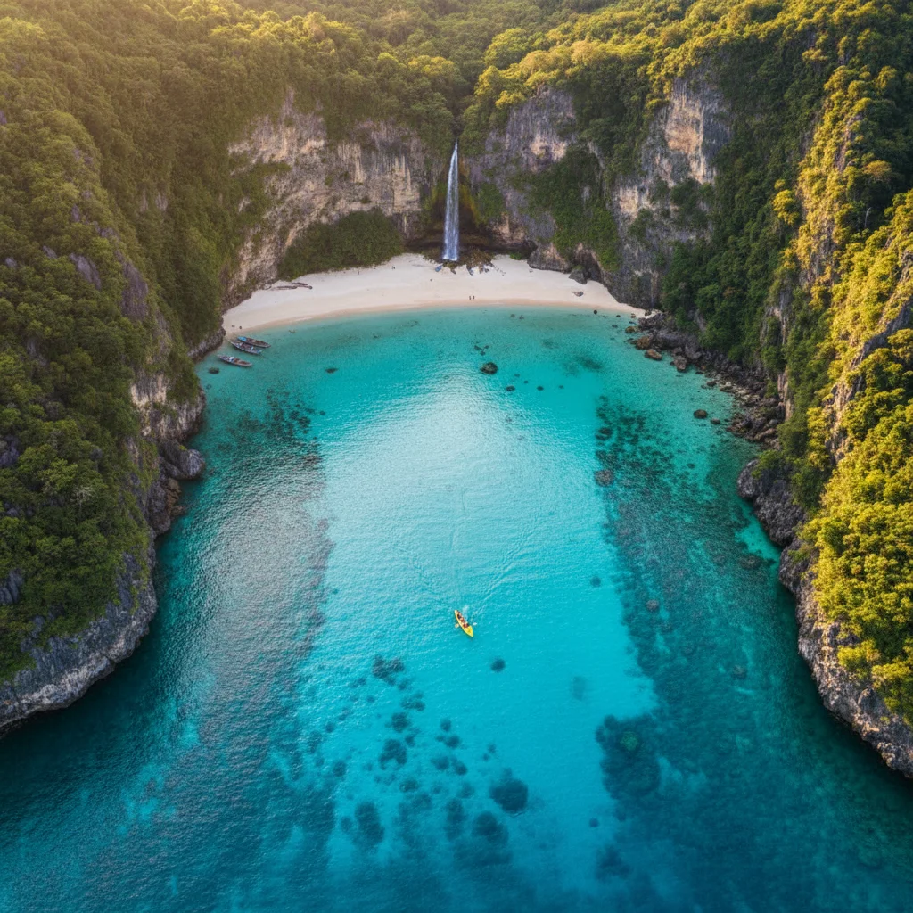 Aerial view of a secluded turquoise cove with white sand beach and green cliffs, a couple kayaking.