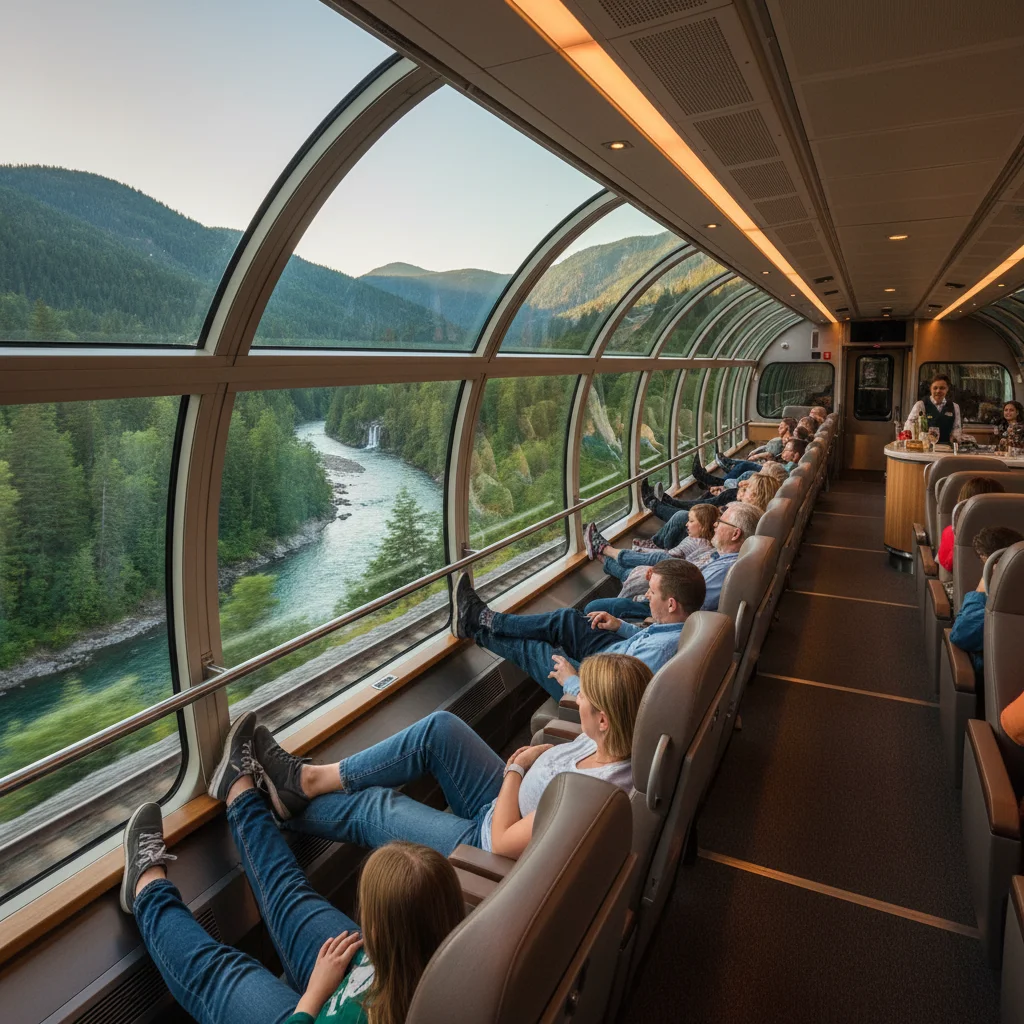 Passengers enjoying panoramic views from Amtrak observation car