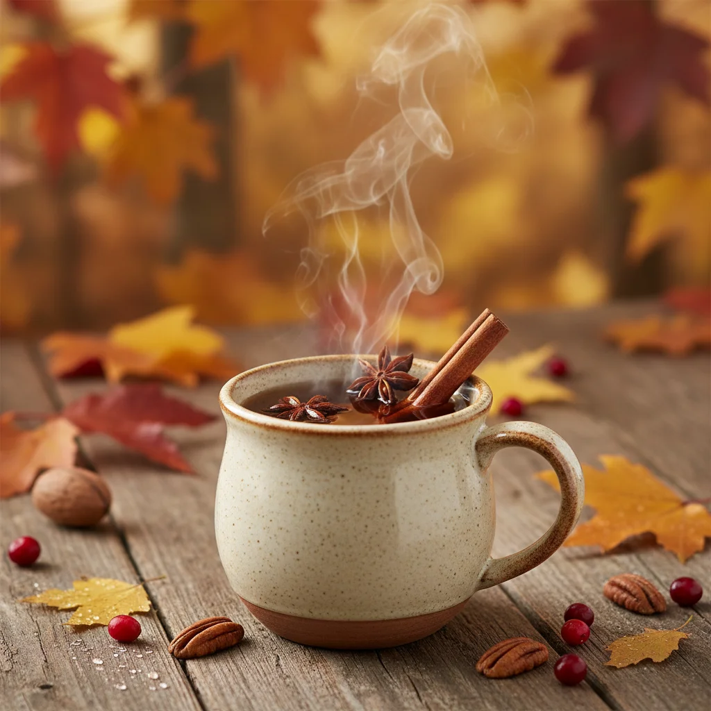 Warm apple cider surrounded by colorful autumn leaves