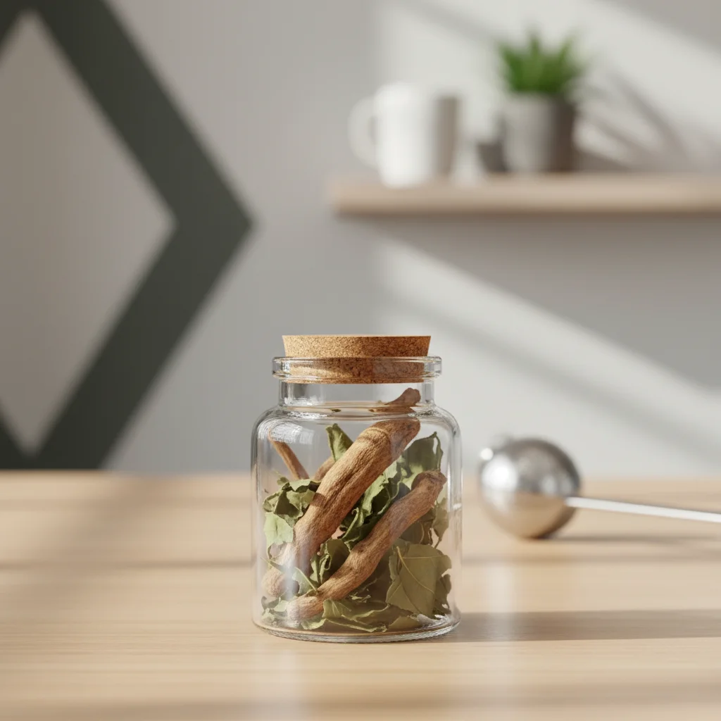 Dried Ashwagandha roots and leaves in a glass jar
