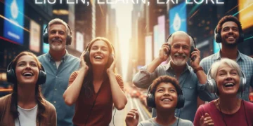 Diverse individuals happily listening to podcasts and audiobooks with headphones in a vibrant urban setting, symbolizing the widespread appeal of audio content.