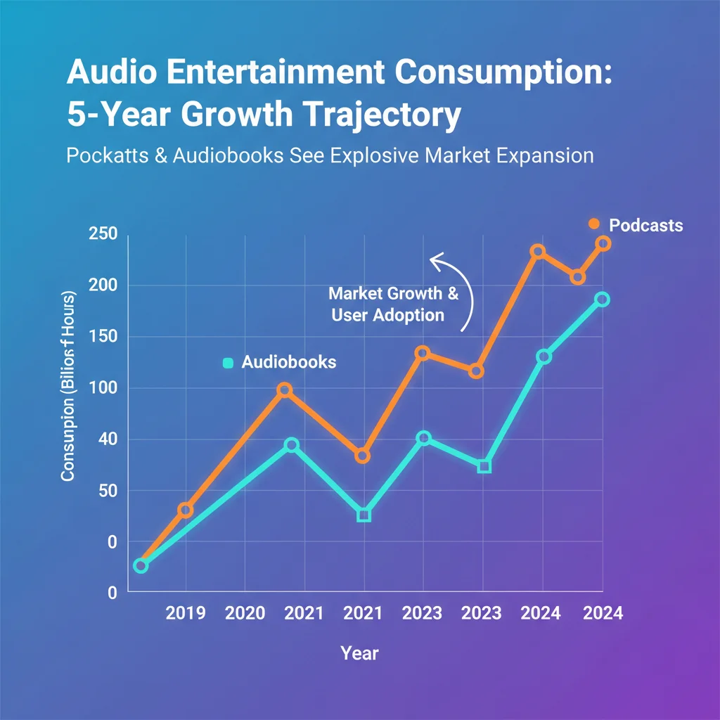Growth chart showing increasing popularity of podcasts and audiobooks over five years.