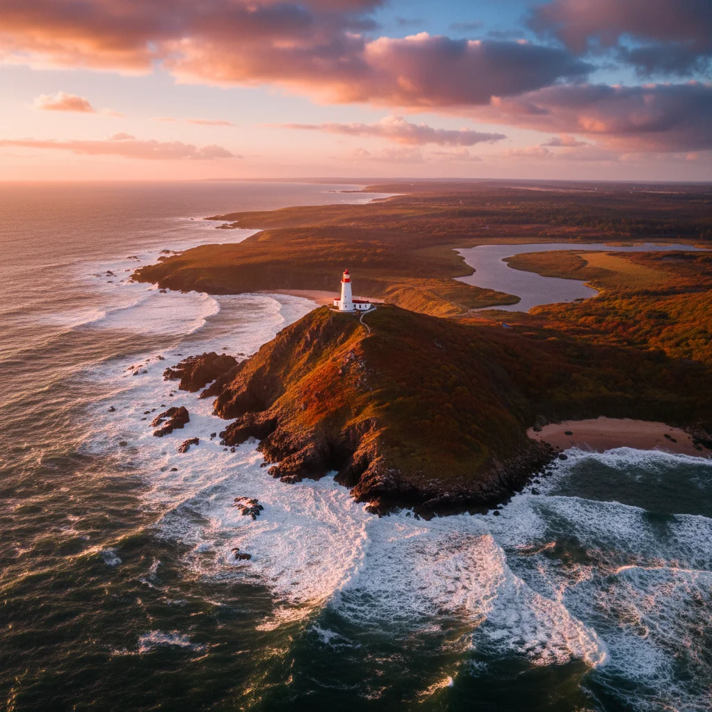 Dramatic rugged coastline with lighthouse at sunset in autumn