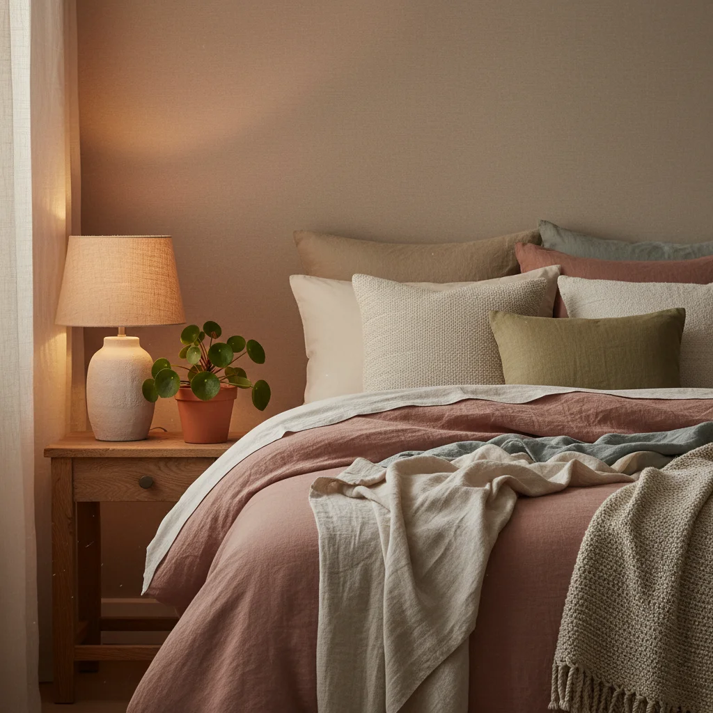 Bedroom corner with natural textures and warm lighting for relaxation
