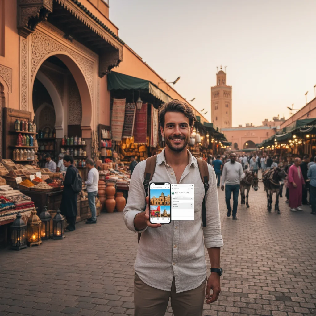 Traveler exploring city while checking phone for work, bleisure integration