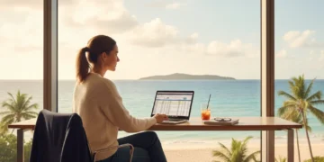 Bleisure Travel 2026: The Ultimate Guide to Mixing Business and Leisure Business traveler working on laptop with beach view, illustrating bleisure travel