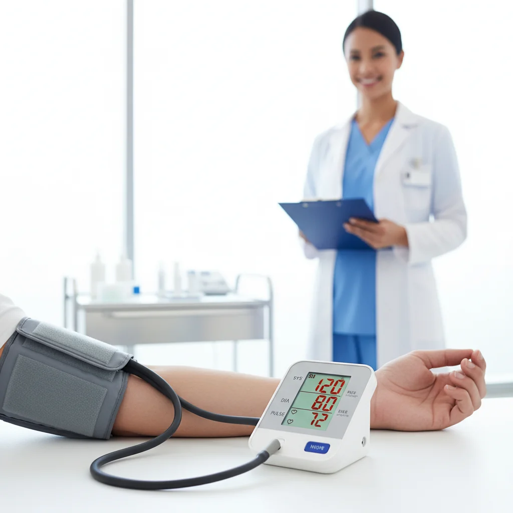 Blood pressure cuff on arm with digital monitor, emphasizing routine health checks.