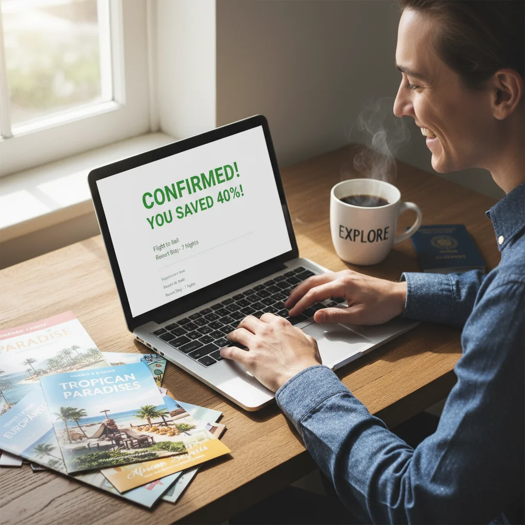 Traveler excitedly booking last-minute US travel deals online, showcasing savings.
