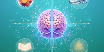 Futuristic brain glowing with neural connections amidst healthy lifestyle elements, symbolizing brain health breakthroughs in 2026.