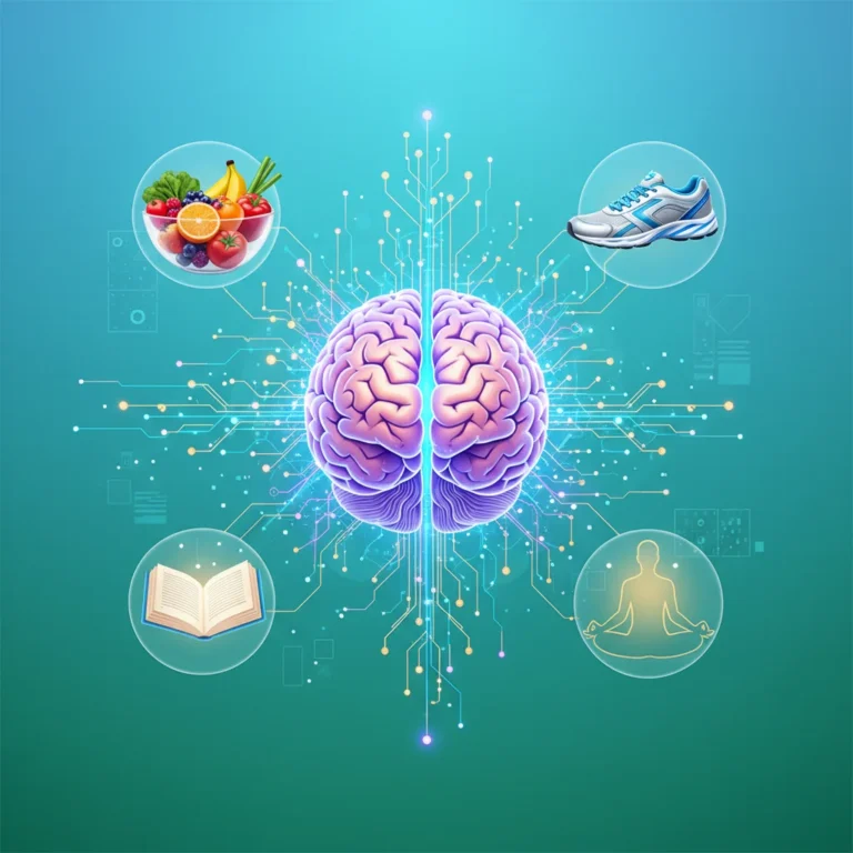 Futuristic brain glowing with neural connections amidst healthy lifestyle elements, symbolizing brain health breakthroughs in 2026.