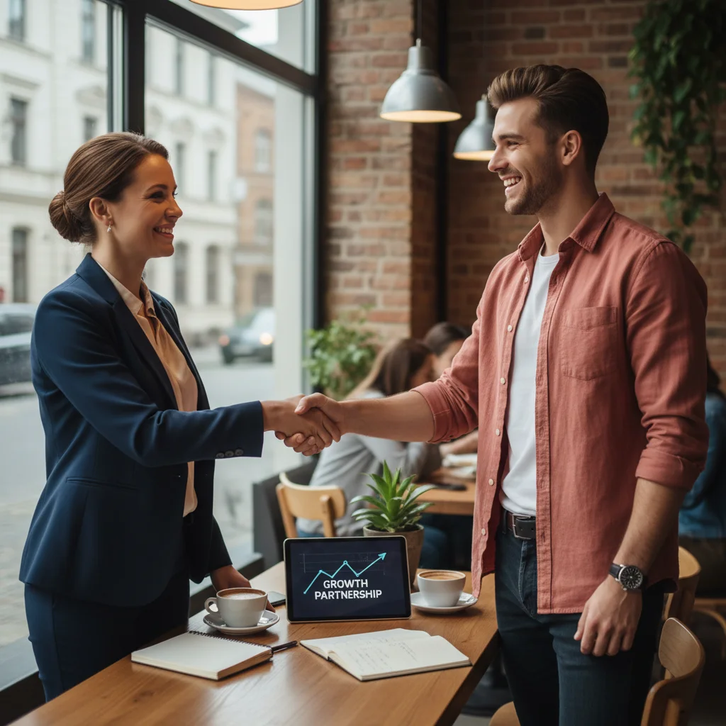 Brand manager and micro-influencer shaking hands, symbolizing a successful partnership.