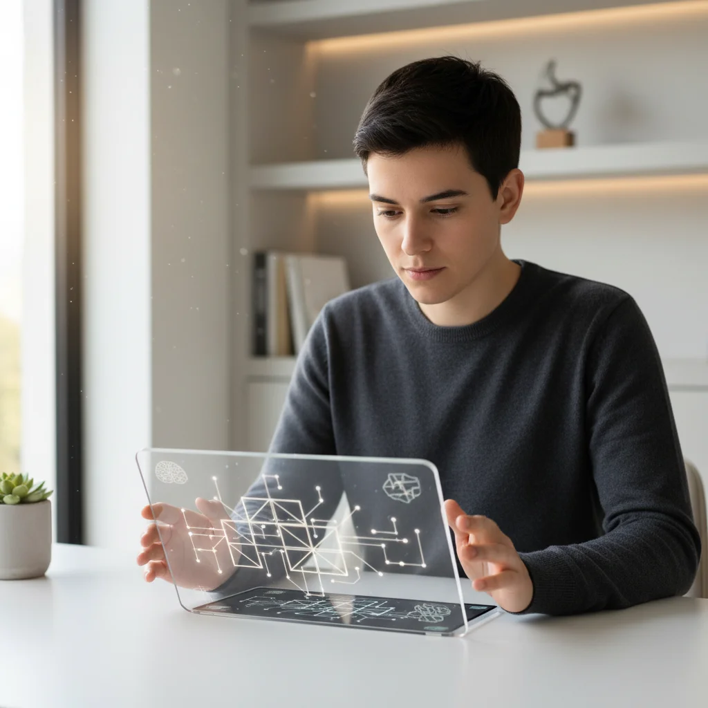 Young adult focused on a brain-training game on a tablet, demonstrating cognitive engagement and mental stimulation.