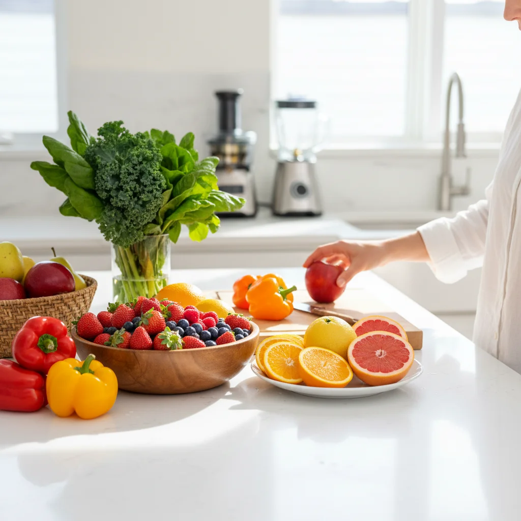 Assortment of colorful fruits and vegetables, highlighting immune-boosting nutrition.