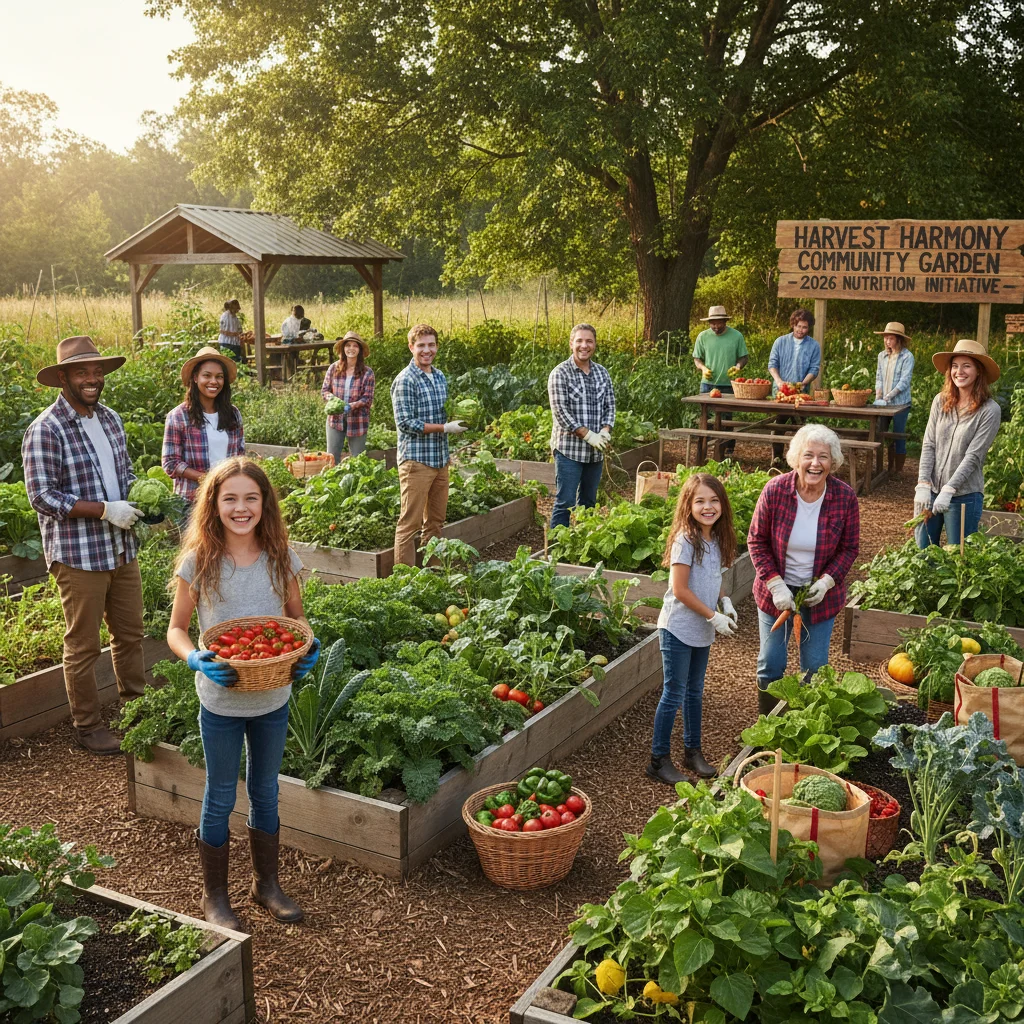 Diverse community members harvesting fresh vegetables in a garden, emphasizing healthy eating habits.