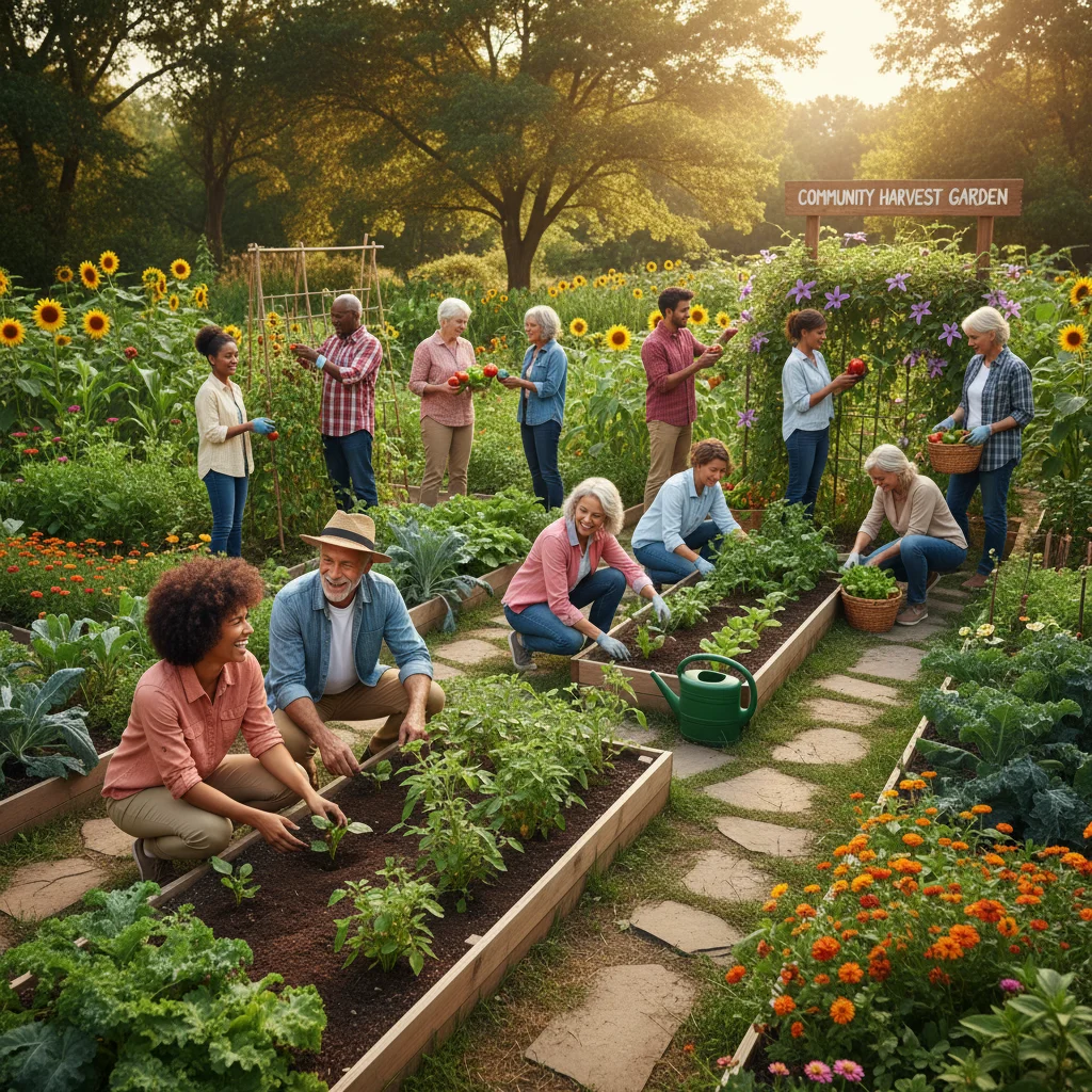 Diverse group of people happily gardening together, symbolizing social connection, physical activity, and community well-being.