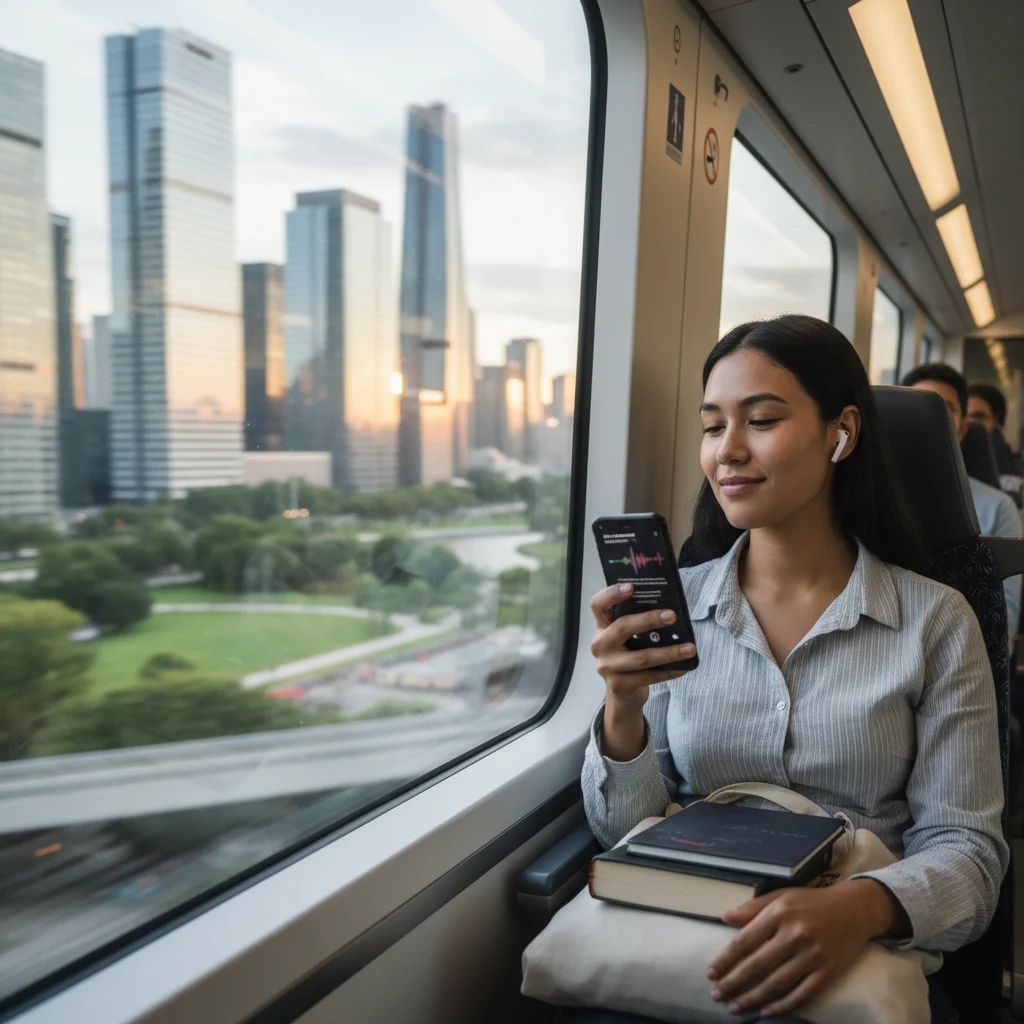 Commuter listening to audiobook on train, showcasing convenience of audio content.