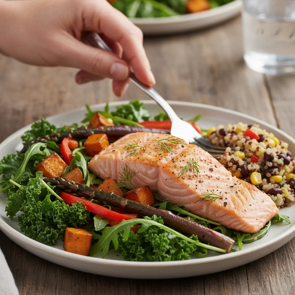 Close-up of colorful meal, hand deliberately reaching for a fork, illustrating conscious eating