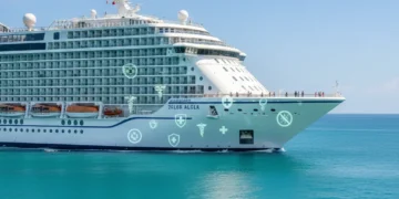 Modern cruise ship with health protocol overlay, sailing on blue waters