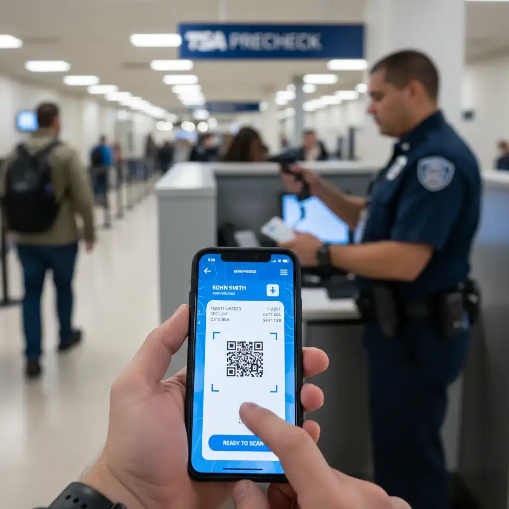 Digital boarding pass being scanned at a TSA PreCheck checkpoint.