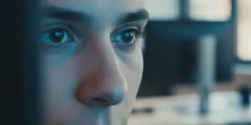 Person's eyes focused on a computer screen, illustrating digital eye strain.