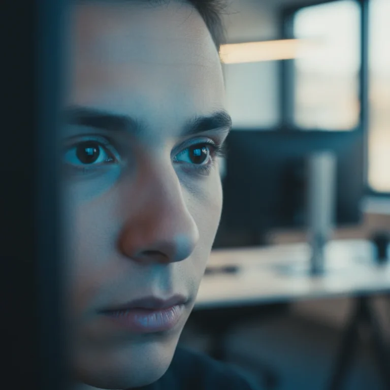 Person's eyes focused on a computer screen, illustrating digital eye strain.