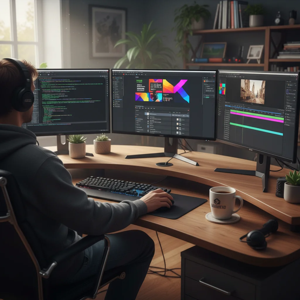 Professional working on multiple screens, illustrating digital services and online freelancing.