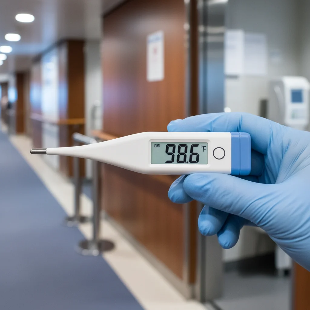 Hand holding digital thermometer, symbolizing health screening