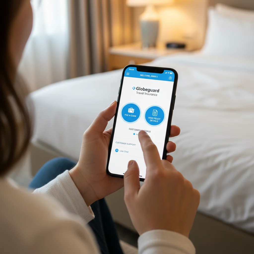 Traveler using smartphone for online travel insurance claim in hotel room
