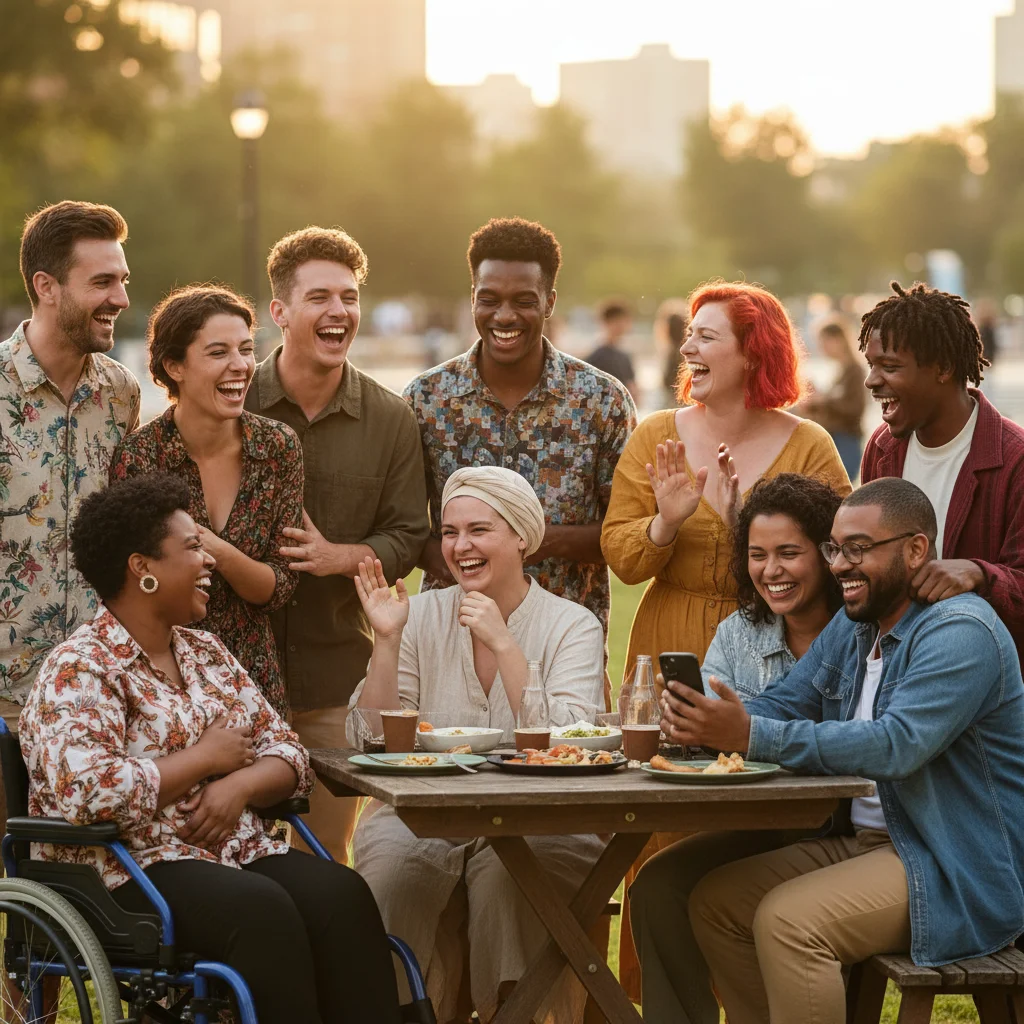 Diverse group of people laughing, showing authentic connection and acceptance