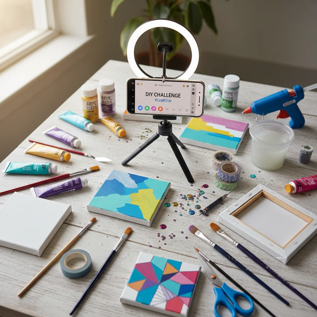 Flat lay of DIY craft supplies and a smartphone ready to record a creative TikTok challenge.