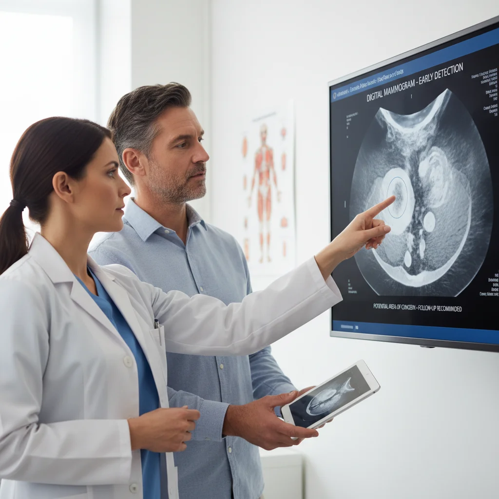 Doctor and patient reviewing digital medical scan, discussing early cancer detection.