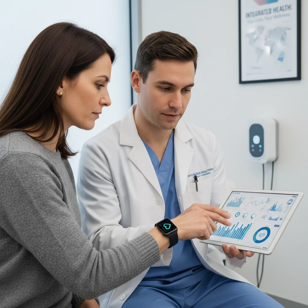 Healthcare professional discussing wearable tech data with patient