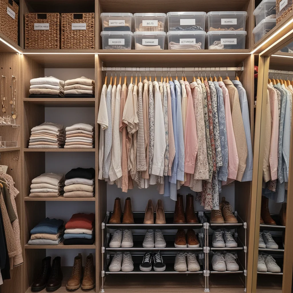 Efficiently organized closet with labeled bins and hanging clothes
