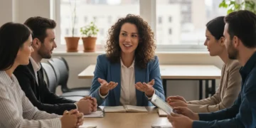 Professionals collaborating with emotional intelligence, showcasing empathy and active listening in a modern office.