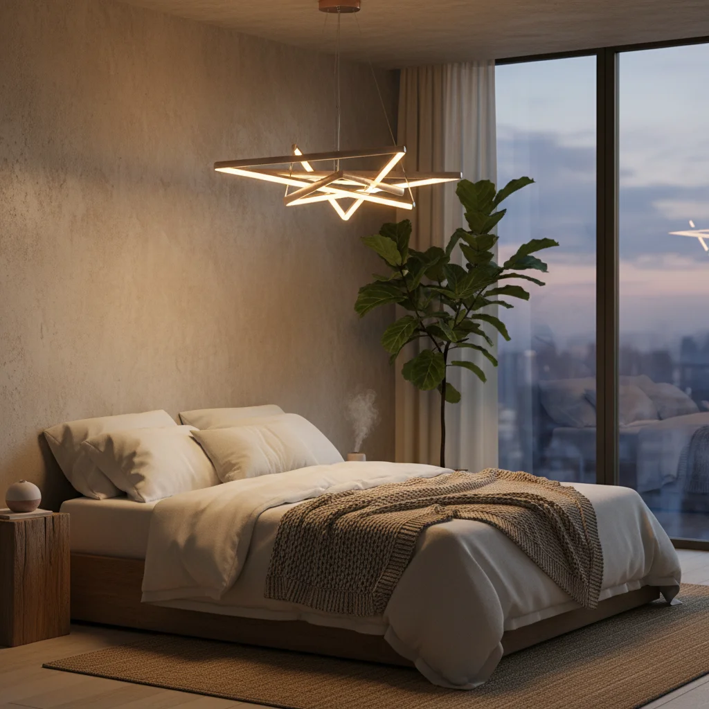 Minimalist energy-efficient LED light fixture in a bedroom