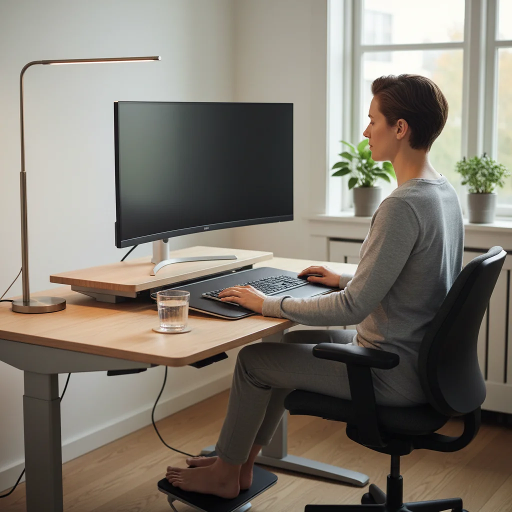 Ergonomically set up workspace with proper lighting and hydration for eye health.