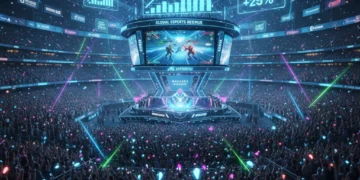 Esports arena with large screen and cheering fans, symbolizing billion dollar revenue growth.