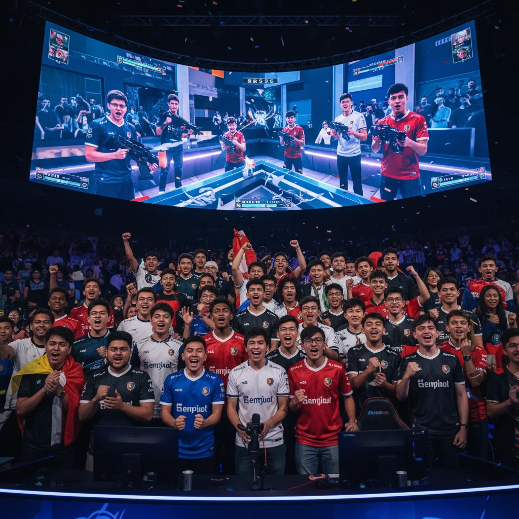Diverse fans cheering at esports match, showing global engagement.