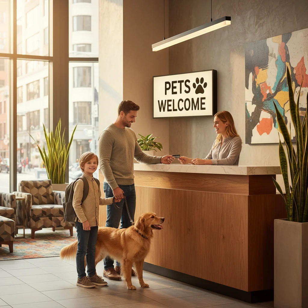 Family with a dog happily checking into a modern hotel lobby displaying a 'Pets Welcome' sign, indicating a warm reception for furry guests.
