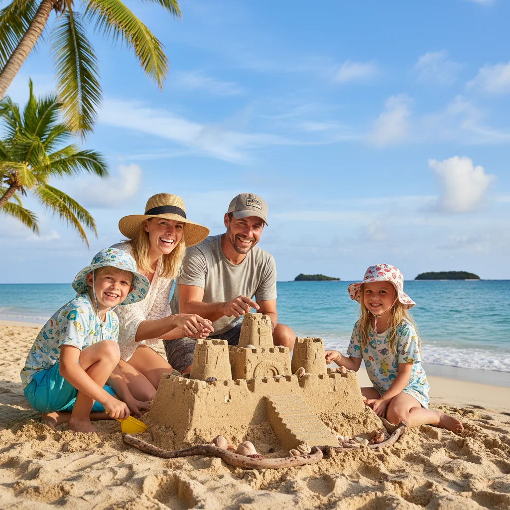Family building sandcastle on a tropical beach during spring break