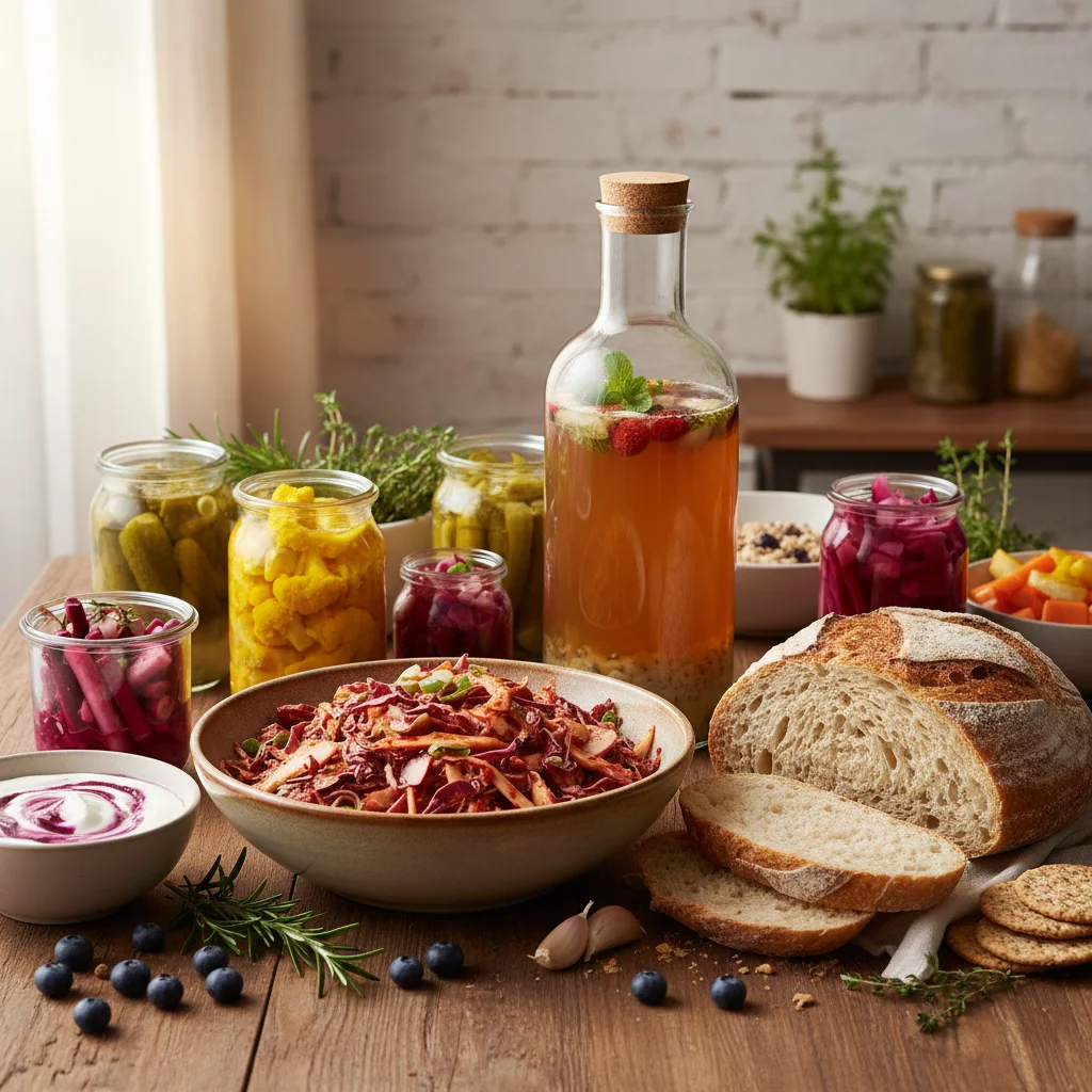 Assortment of vibrant fermented foods like kimchi, sourdough, and kombucha.