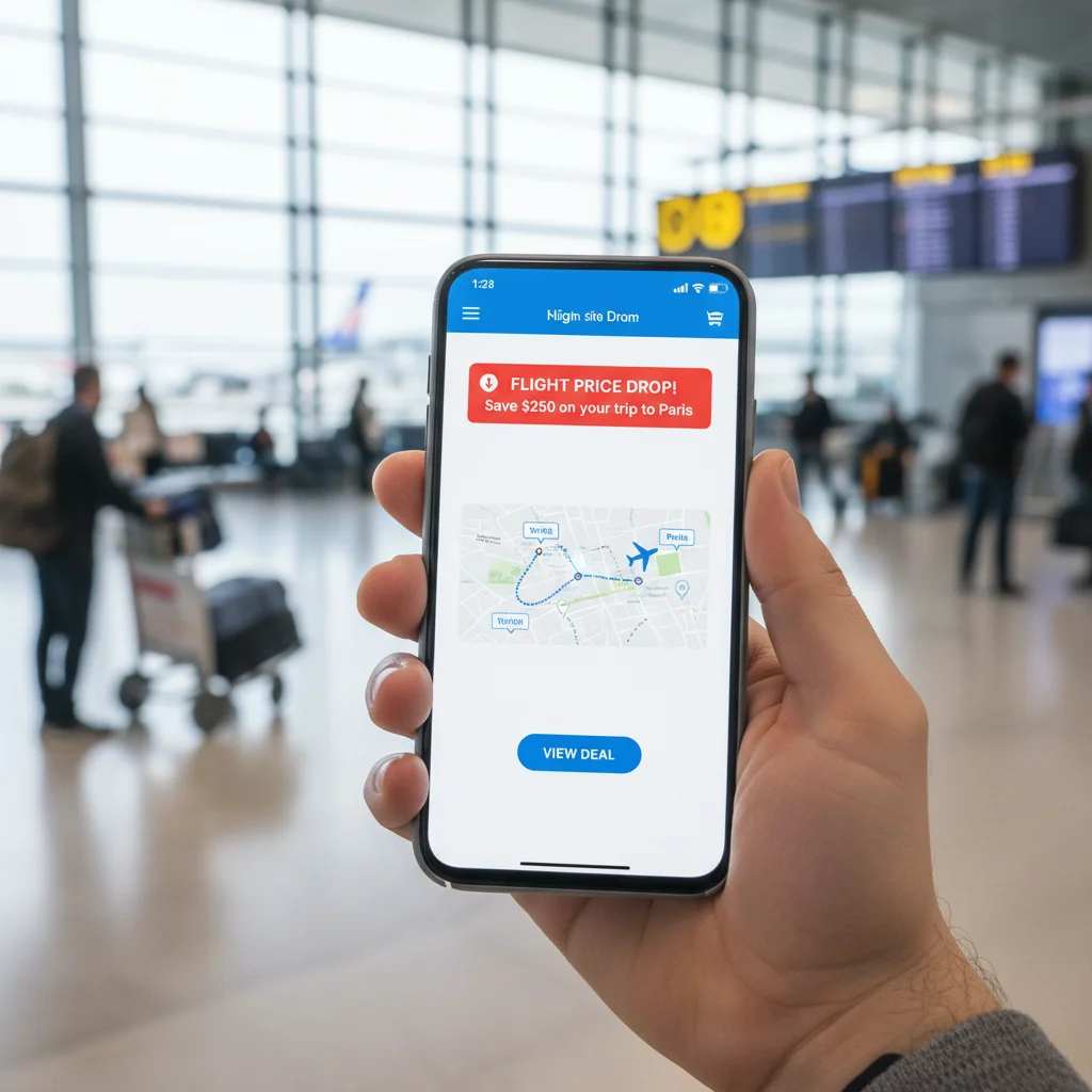 Smartphone showing a flight price drop alert on a travel app.