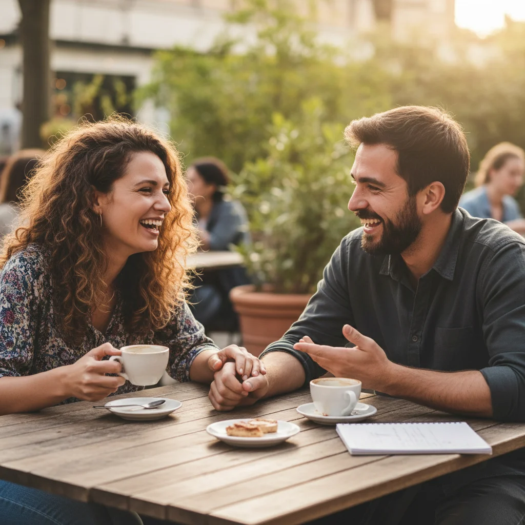 Two friends laughing and talking over coffee, highlighting social connection.