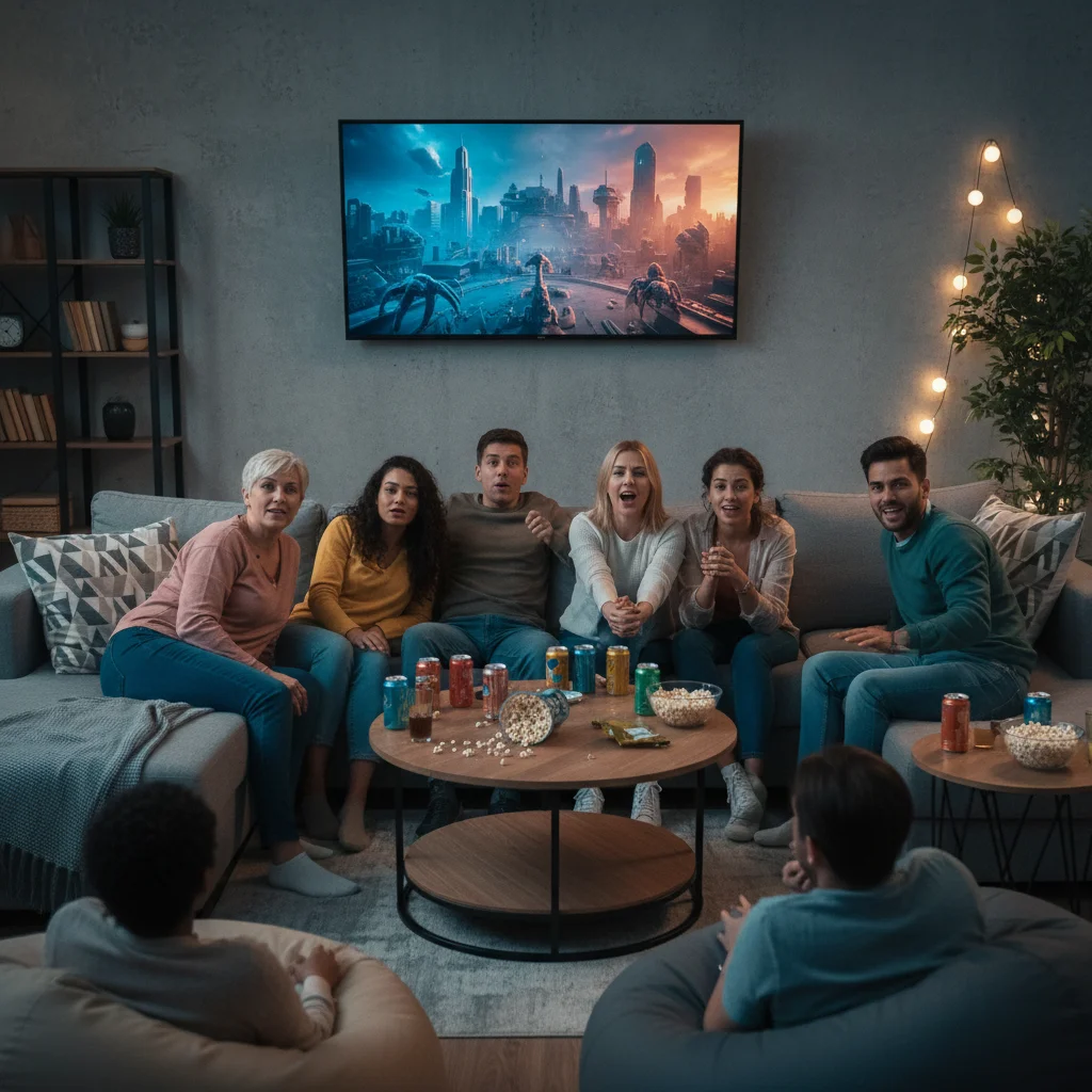 Friends watching popular streaming series together, social viewing experience