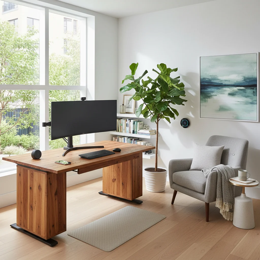 Functional and comfortable home office with ergonomic furniture and biophilic elements