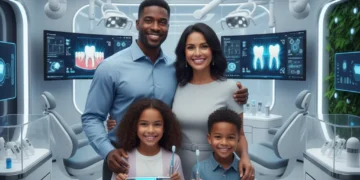 Oral Health Breakthroughs 2026: Revolutionizing Dental Care for US Families Smiling diverse US family in a modern dental clinic, representing future oral health innovations.
