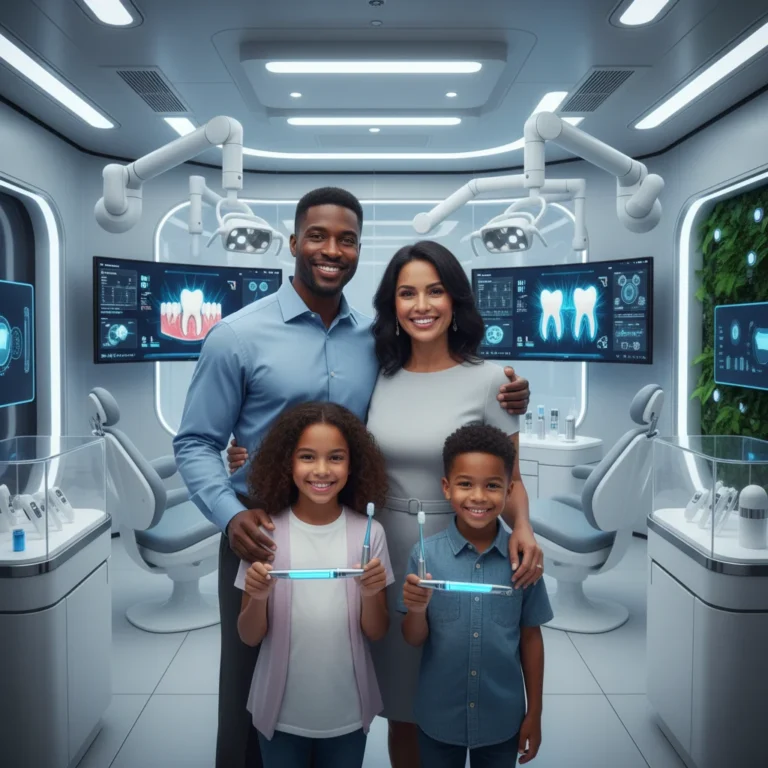 Smiling diverse US family in a modern dental clinic, representing future oral health innovations.